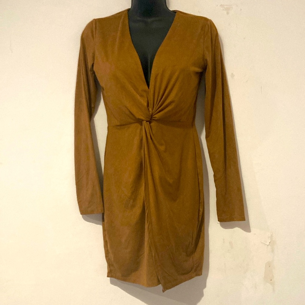 Camel Suede like feel Long Sleeve Dress . Front knot dress with front slit.